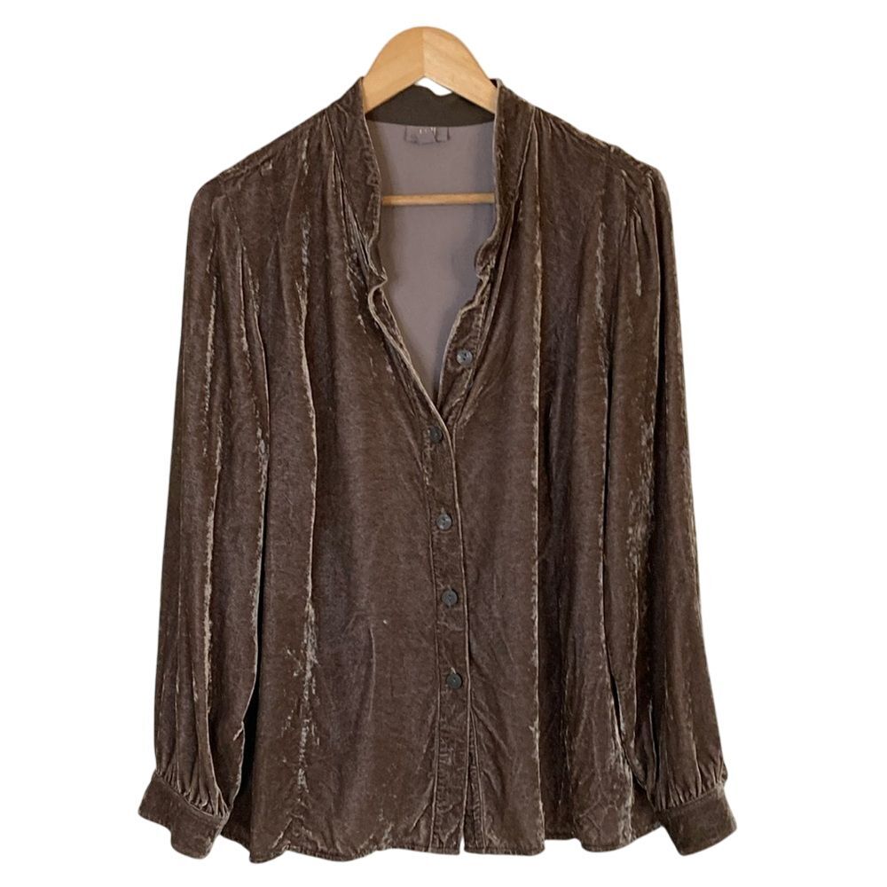 J Jill Women's Crushed Velvet Silk Blend Blouse L Taupe‎ Brown Button Front LS